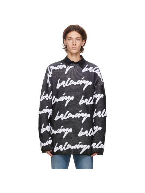 BALENCIAGA Crewneck 에 검정 과 흰색 3D 스크리블 면 니트