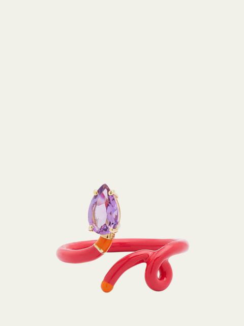 BEA BONGIASCA Baby Vine Ring with Drop-Cut Amethyst plus Raspberry and Orange Enamel