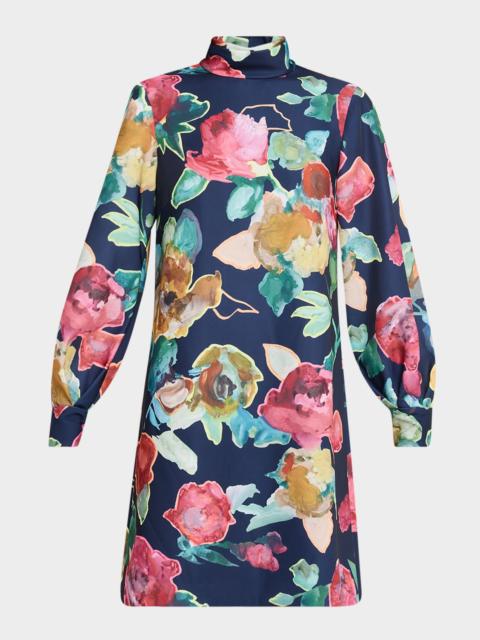 LELA ROSE Elizabeth Floral Crepe Long-Sleeve Shift Dress