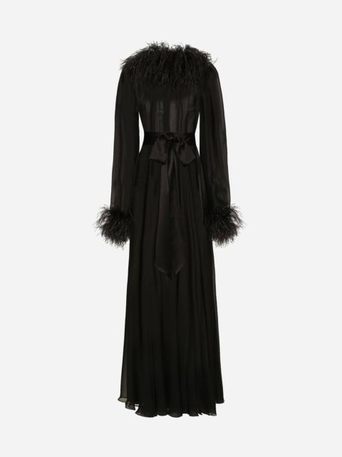 Dolce & Gabbana Long silk chiffon dress with ostrich feather details