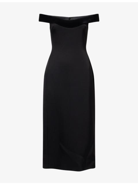 David Koma Off-Shoulder Velvet-Trim Satin Midi Dress
