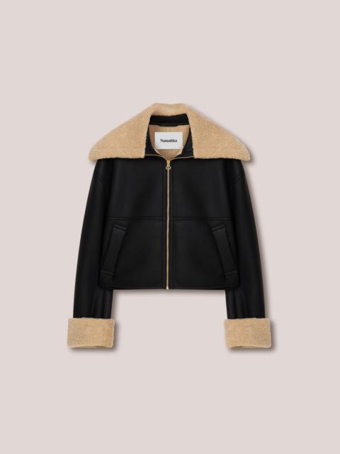 Nanushka NAEL - Bonded shearling contrast collar aviator jacket - Black&Beige