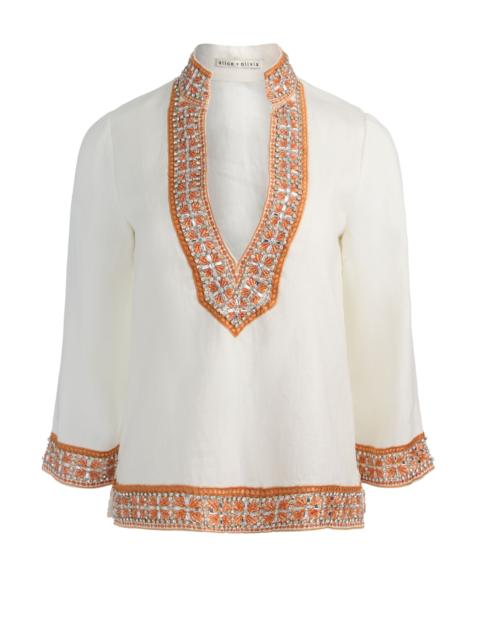 Alice + Olivia ELEONORA EMBELLISHED LINEN TUNIC TOP
