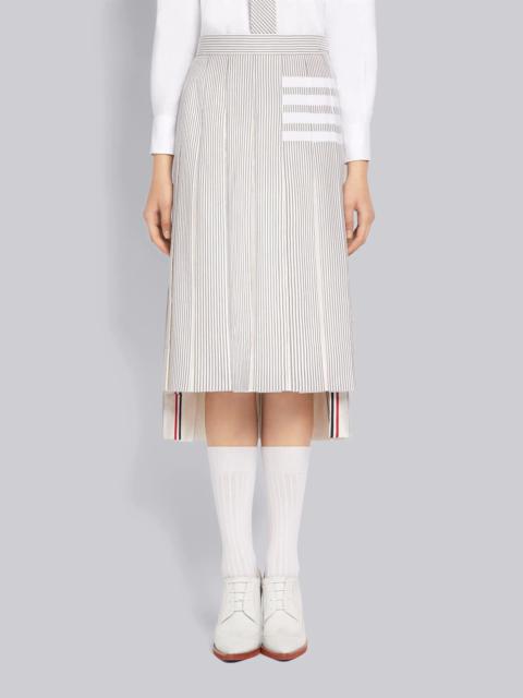 Thom Browne Medium Grey Cotton Seersucker Grosgrain 4-Bar Intarsia Stripe Below Knee Pleated Skirt