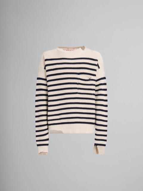 WHITE WOOL AND COTTON STRIPED FISHERMAN JUMPER