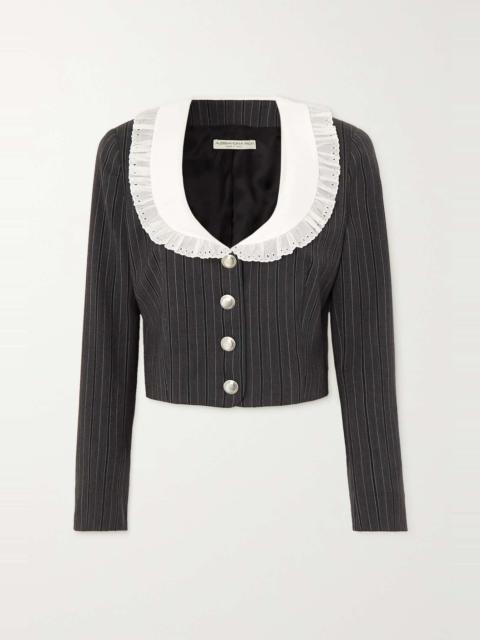 Cropped broderie anglaise-trimmed pinstriped wool-blend jacket