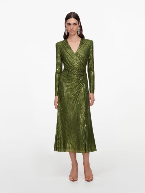 self-portrait Olive Rhinestone Mesh Wrap Midi Dress