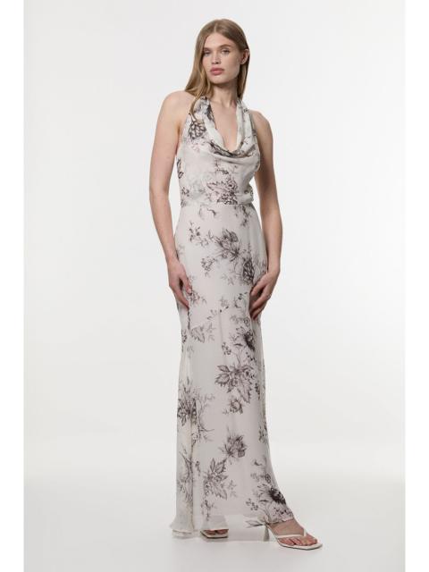 KAREN MILLEN Sheer Viscose Georgette Sketchy Floral Deep V Woven Halter Neck Dress