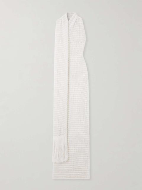 Alaïa Fringed draped open-knit maxi dress