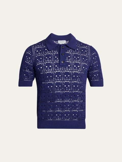 Alexander McQueen Men's Cotton Crochet Skull Openwork Short-Sleeve Polo Sweater