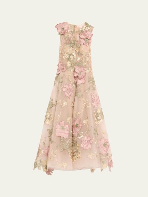 Marchesa Floral Embroidered Sleeveless Tea-Length Dress