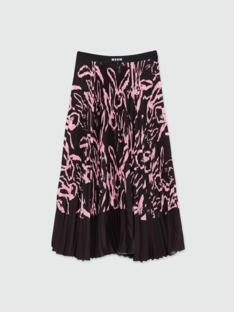 MSGM Black pleated midi skirt with "Sketched Bunnies" print