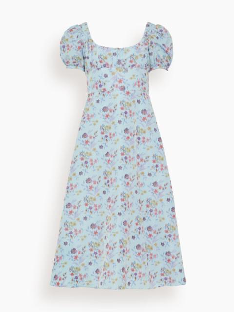 markarian Elora Ikat Puff Sleeve A-Line Midi Dress in Blue and Pink Floral