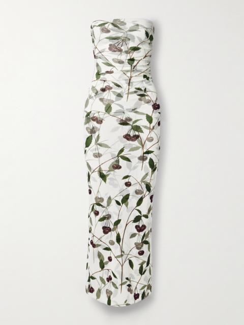 Stella McCartney Strapless Ruched Printed Stretch-mesh Maxi Dress