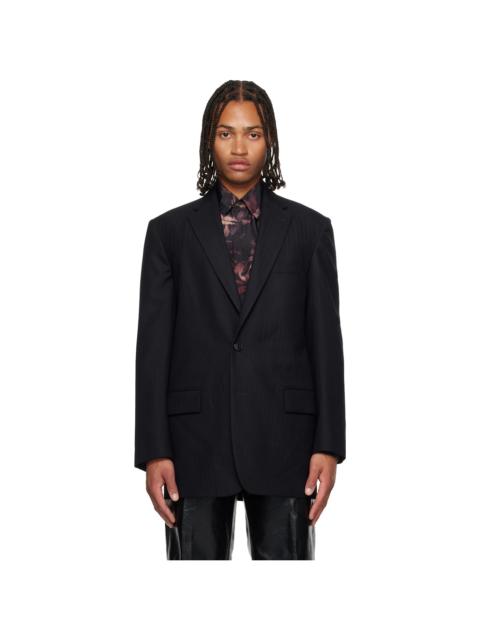 Dries Van Noten Navy Herringbone Wool Blazer
