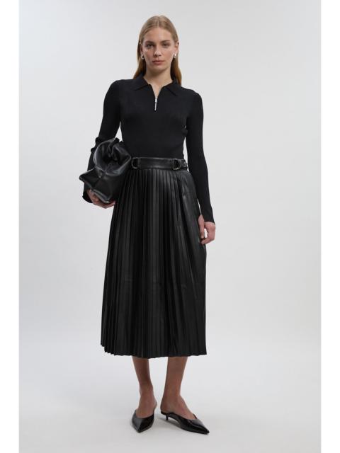 KAREN MILLEN Knitted Zip Neck Pu Mix Pleated Midi Dress