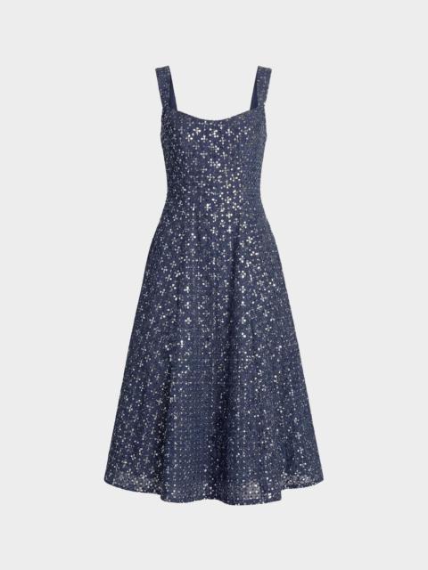 MAC DUGGAL Sleeveless Sequined Denim Midi Dress