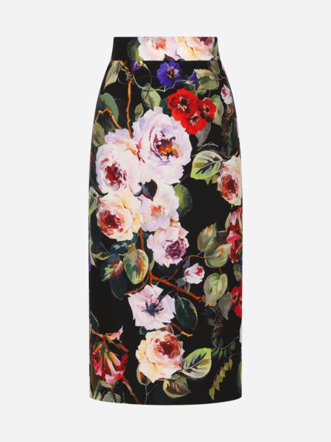 Charmeuse calf-length skirt with rose garden print