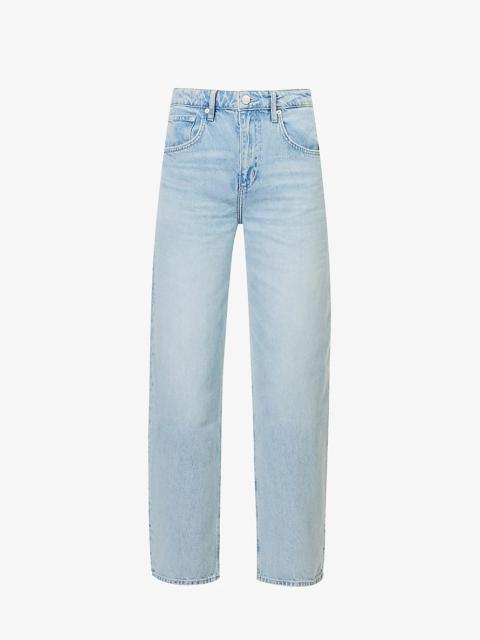 Belt-loop faded-wash mid-rise barrel-leg jeans