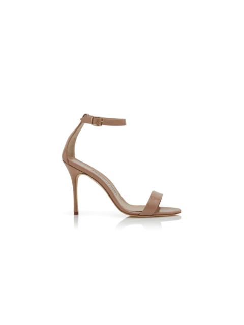 Beige Patent Leather Ankle Strap Sandals