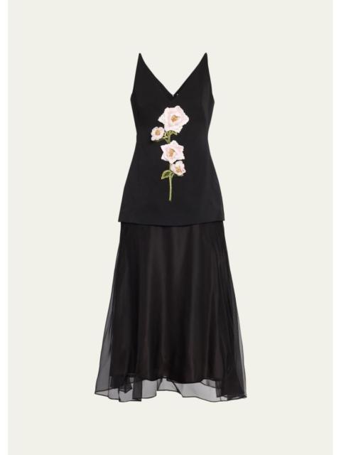 LELA ROSE 3D Peony Embroidered Faille V-Neck Cocktail Dress