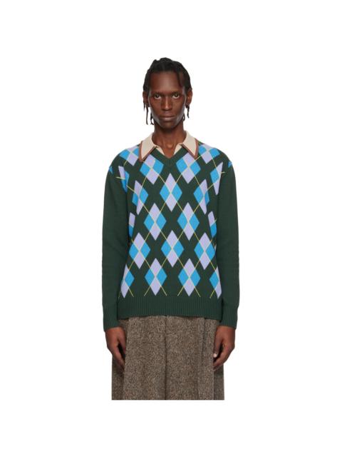 Dries Van Noten Green Argyle Sweater