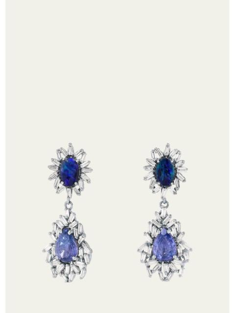 SUZANNE KALAN 18K White Gold One Of A Kind Diamond Baguette Drop Earrings with Opals and Blue Sapphires