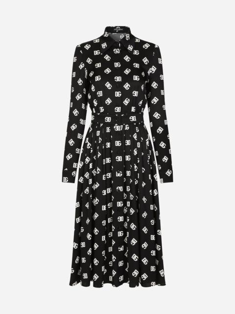 Charmeuse calf-length dress with all-over DG print