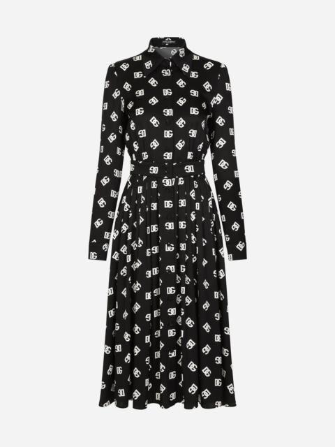 Charmeuse calf-length dress with all-over DG print