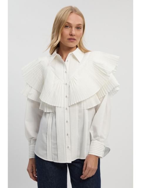 KAREN MILLEN Cotton Poplin Ruffle Detail Long Sleeve Woven Collared Shirt