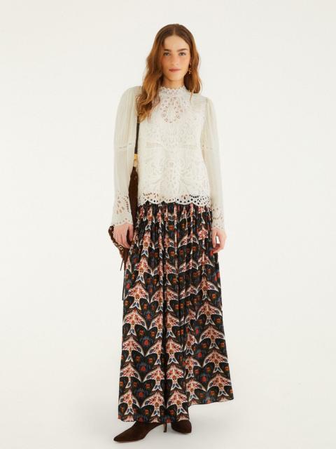 FARM RIO Black Porcelain Birds Pleats Maxi Skirt