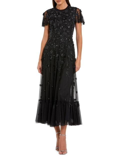MAC DUGGAL Women's Sequined Floral Tulle Midi-Dress - Black