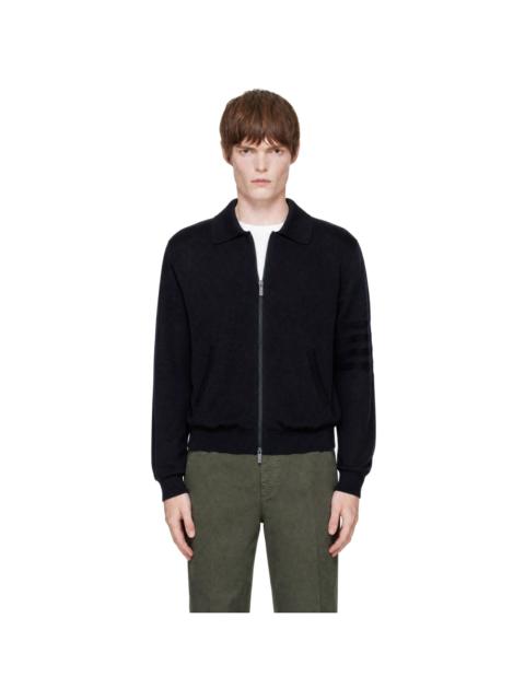 Thom Browne Navy 4-Bar Wool Linen Full Zip Cardigan