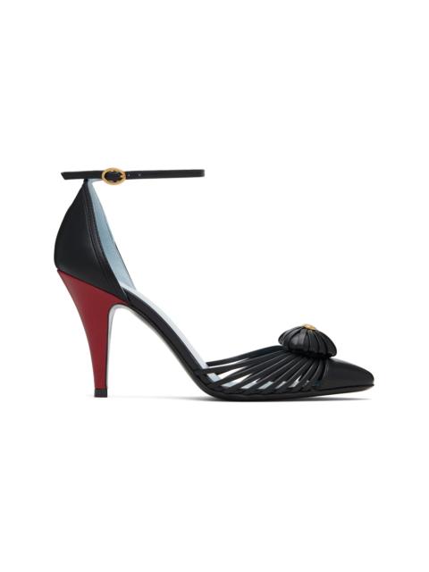 Valentino Black Ankle Strap Leather Woven Heart Heels