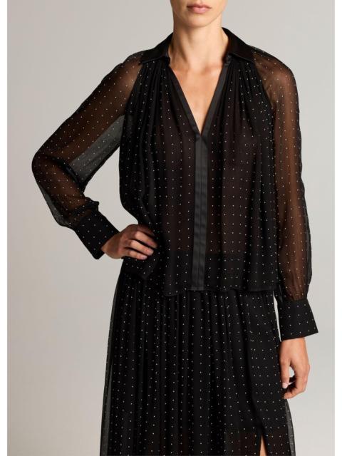 Vince Heat-Set Dot Chiffon Gathered Blouse