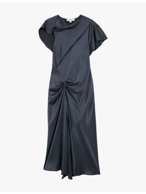 REISS Sasha Drape-Detail Satin Midi Dress