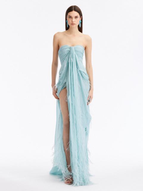 Oscar de la Renta OFF SHOULDER DRAPED FEATHER EMBROIDERED GOWN