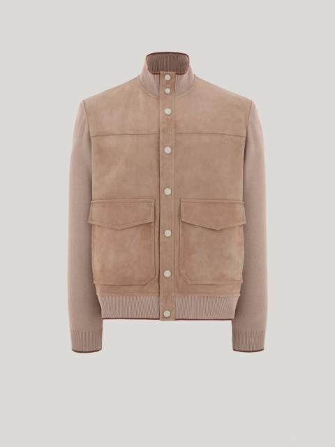 Canali CARAMEL MIXED-MATERIAL ULTRALIGHT SUEDE BOMBER JACKET WITH KNIT INSERTS