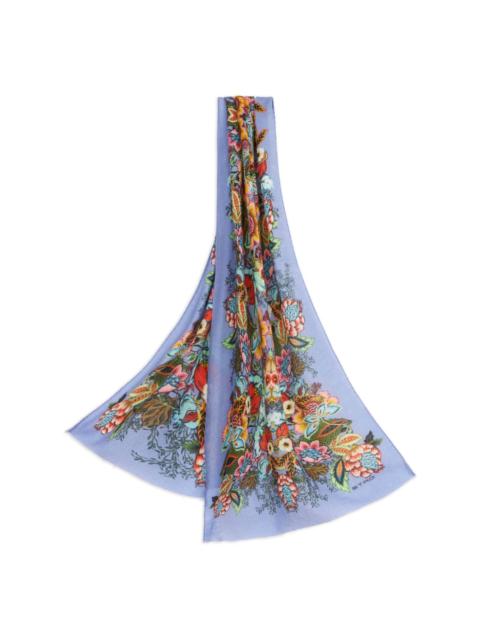 Bouquet-print fringed scarf