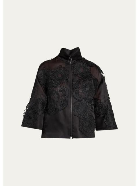 AKRIS Anemone Embroidered Silk Organza Zip Jacket