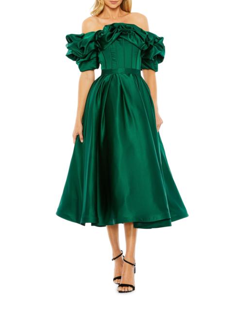MAC DUGGAL Women's Satin Off-the-Shoulder Midi-Dress - Emerald