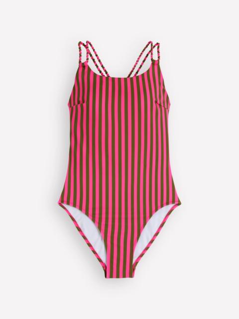 BODEN Twist Strap Swimsuit-Pink, Khaki Stripe