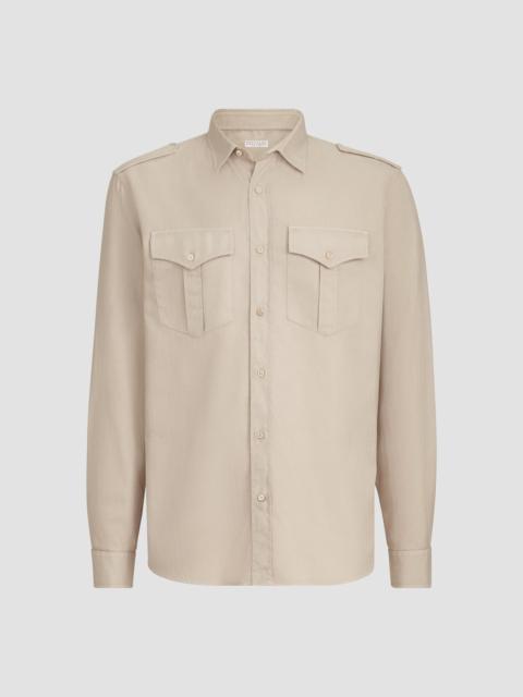 Brunello Cucinelli Men's Garment-Dyed Shirt in Cotton Chevron with Spread Collar - Beige