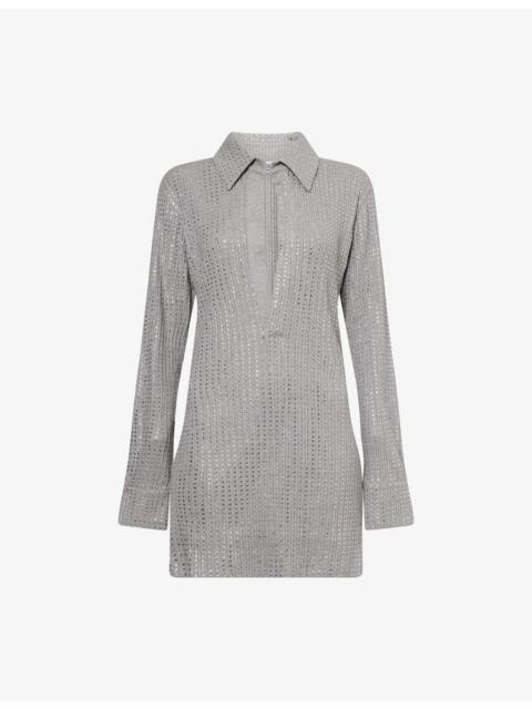 Crystal-Embellished Polo-Collar Cotton Mini Jumper Dress