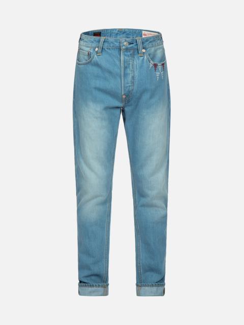 EVISU NOMADIC-PATTERN EMBROIDERED DAICOCK INSERT CARROT-FIT JEANS #2017