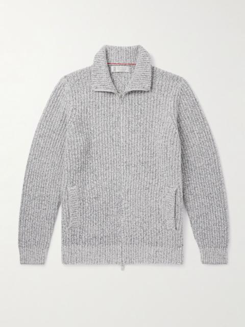 Brunello Cucinelli Ribbed Wool, Silk and Cashmere-Blend Zip-Up Cardigan Ecru