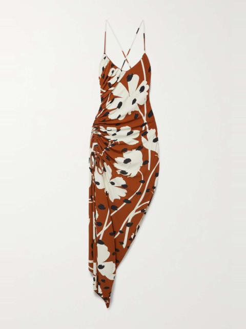 Asymmetric draped printed stretch-crepe dress