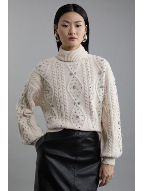 KAREN MILLEN Wool Blend Embellished Cable Knit Jumper
