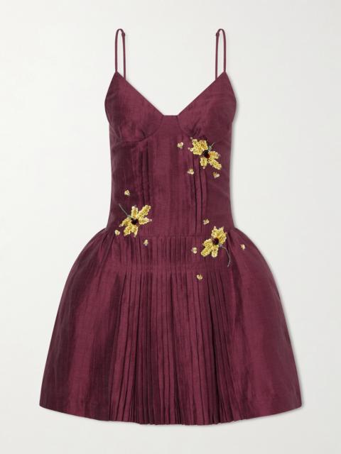 SHUSHU/TONG Bead And Sequin-embellished Plissé Linen-blend Mini Dress
