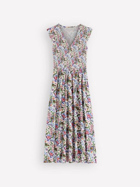 BODEN Smocked Jersey Midi Dress-Multi, Flourishing Meadow